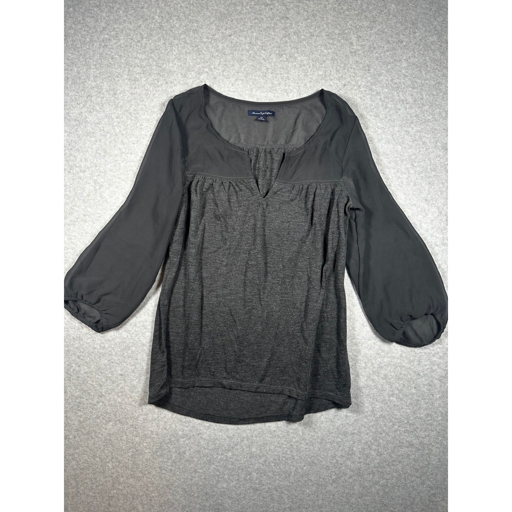 American Eagle Outfitters Womens Small Gray Mixed Media Sheer Sleeve Blouse
